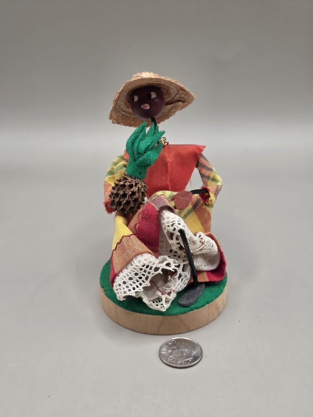Vintage Caribbean Folk Art Souvenir Doll Market Woman Madras Plaid Straw Hat